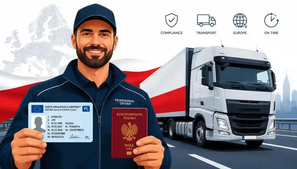 Poland driver work visa code 95 truck application concept